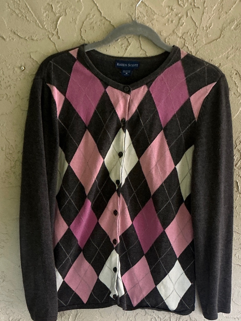 Karen Scott Gray Women’s Cardigan Pink/White diamond Design Pattern Size M